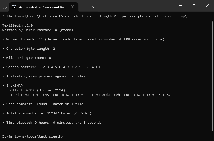 Fellow translation patch developers, I'm proud to announce the v1.0 release of TextSleuth, my brute-force search utility to identify non-standard text encoding  formats. It supports multi-threading and a host of useful options, like wildcards!

DOWNLOAD:
github.com/DerekPascarell…
