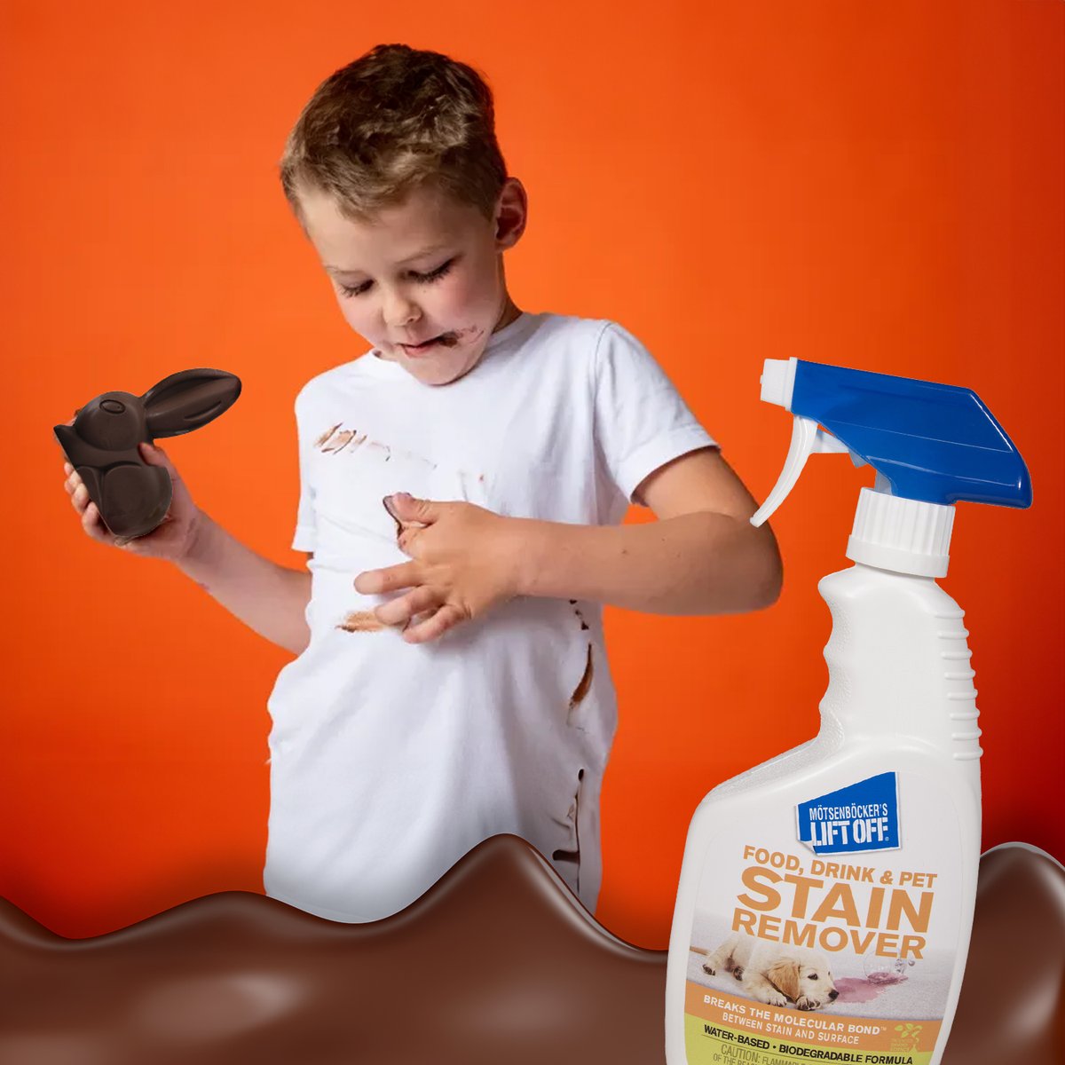 LiftOffInc's tweet photo. Uh oh… looks like someone really enjoyed that chocolate bunny 🐰🍫😅

No worries—Lift Off® has your back this Easter! 💪 Our powerful formula Breaks the Molecular Bond™ to lift even the toughest chocolate stains from shirts, carpets, and more. https://t.co/v2zLLQVYF0