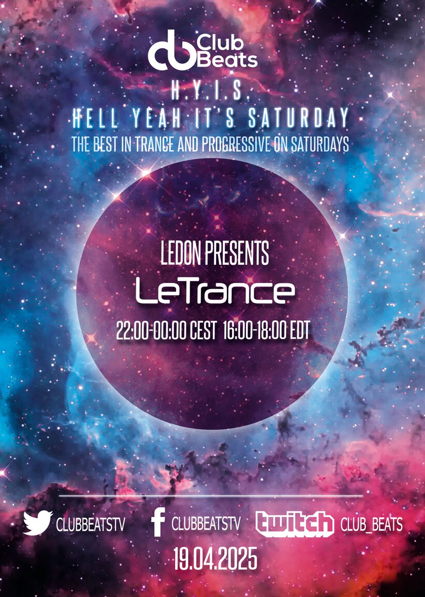 clubbeatstv's tweet photo. H.Y.I.S! Look at this line up tonight! @LeDon_FR #Trance #trancefamily @Twitch #HYIS #twitch #livestream https://t.co/2btnvEWCWT