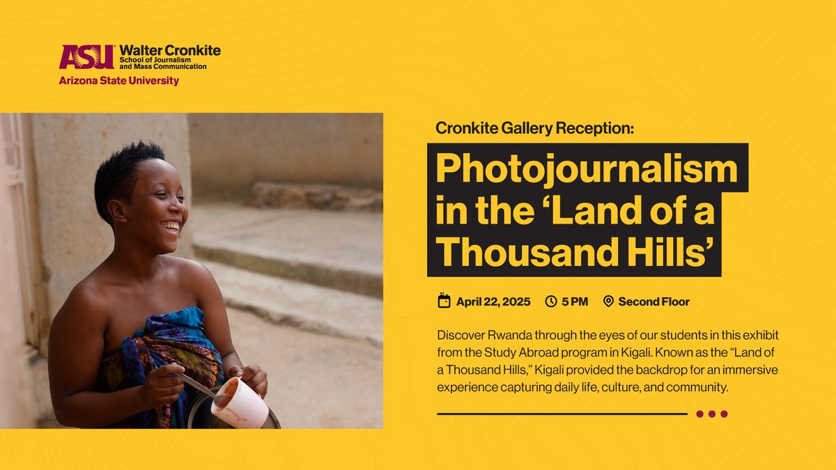 Cronkite_ASU's tweet photo. Cronkite students and faculty spent last summer in Rwanda documenting everyday moments through photojournalism. Join us Monday, April 22, from 5 to 6 p.m. in the Cronkite Gallery for a reception celebrating their work. 📸

Learn more: https://t.co/AjYevRz8L0 https://t.co/bhNumdTAww