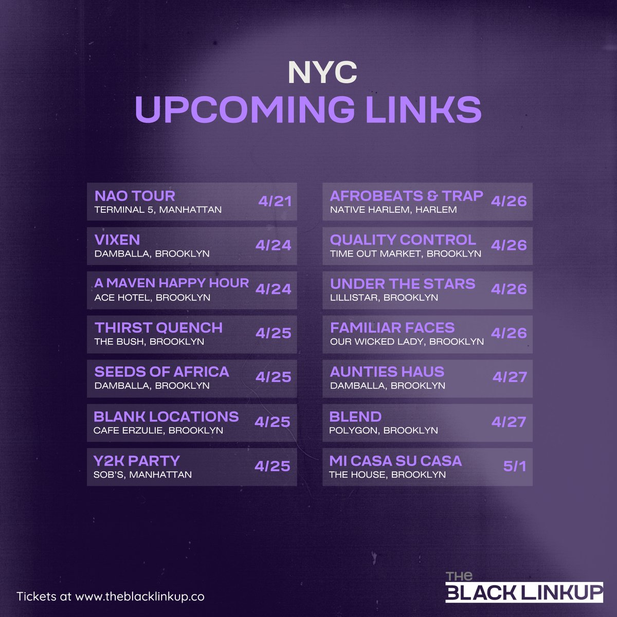 theblacklinkup's tweet photo. The lineup next week and Cinco de Mayo weekend? Straight fire 🔥  Get in on rooftop vibes, curated cookouts, and culture like never before❗️

Tap the link in bio for all the details &amp; tickets 🔗

#TheBlackLinkup #UpcomingLinks https://t.co/hBZrPdM5ad