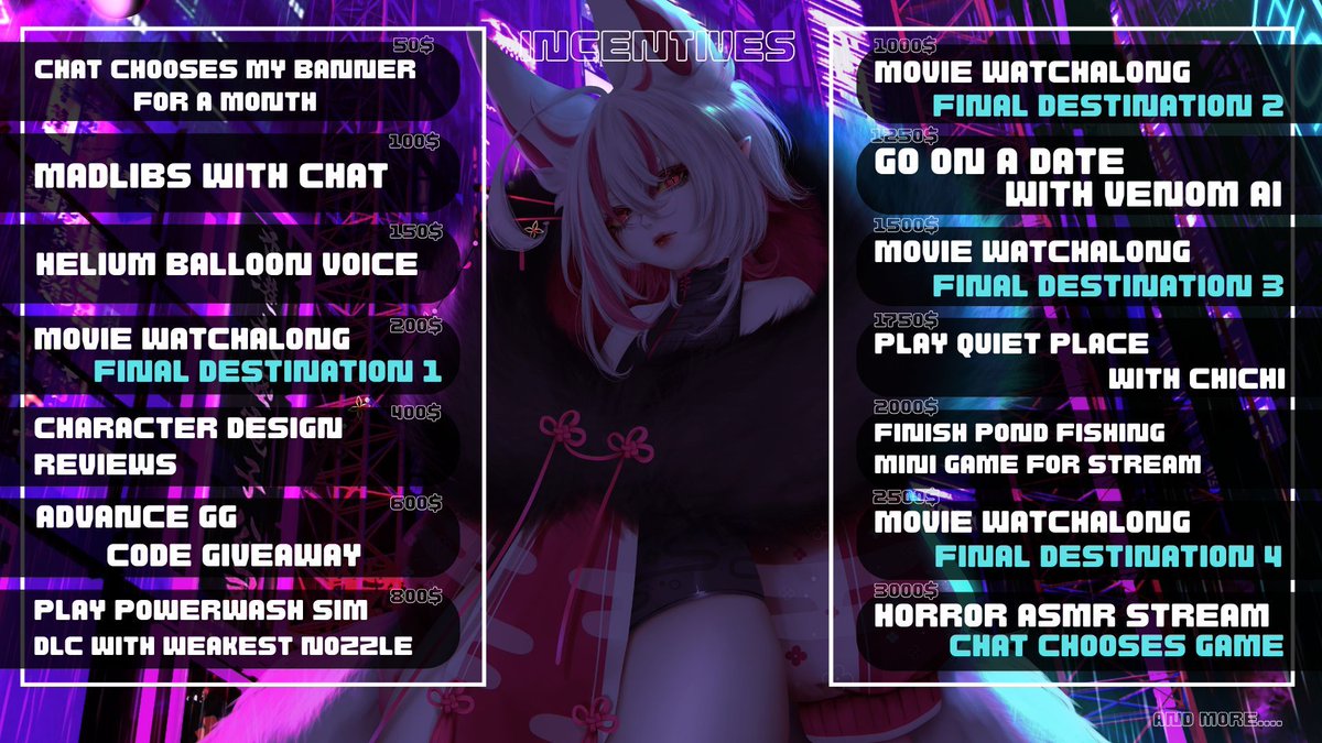 ⚠️ 4 YEAR STREAMAVERSARY INCENTIVES ⚠️ 

This year we will be running a donothon and attempting to fund my new model's rigging!
We have so much going on in the incentives so I'll only show you the ones up to 3000 but we have more!

We will be running Auctions, Giveaways and more!
