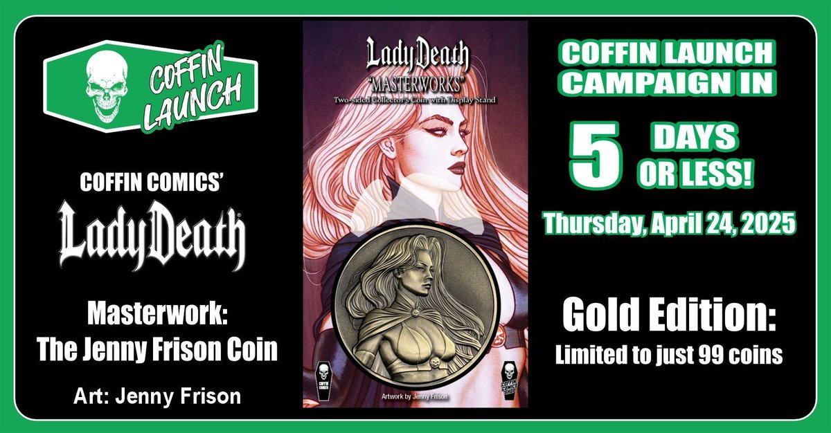 thecoffincomics's tweet photo. Five days ‘til this beauty drops.
This isn’t just a coin—it’s a statement.
Jenny Frison’s art, pressed into METAL.

Live April 24th at 6PM AZ on https://t.co/XgnZ5Nwd3R! 

#GoliathCoin #JennyFrison #CoffinLaunch https://t.co/XXFLDgDryX