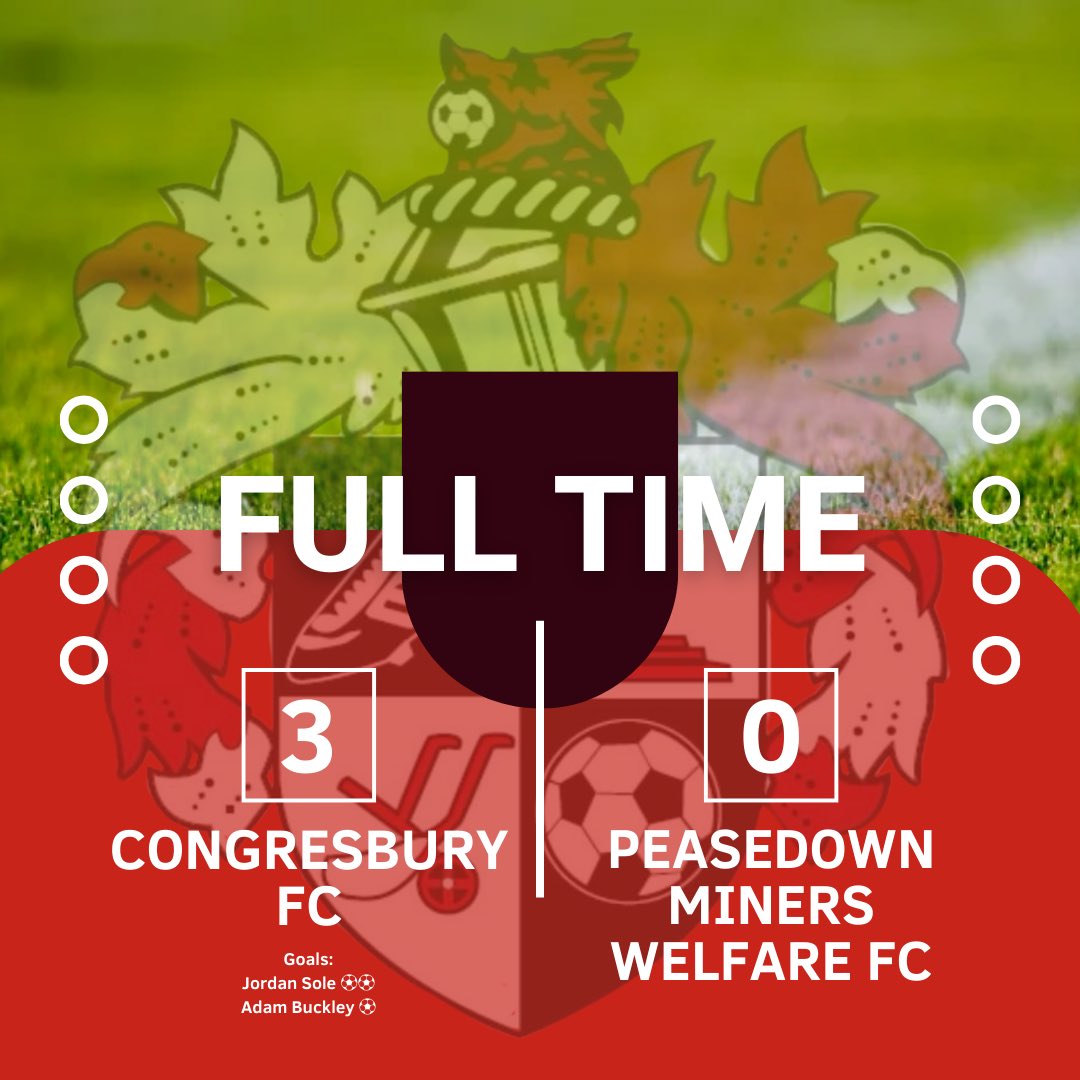 Result:

Congresbury FC 3 - 0 <a href="/PeasedownMWFC/">PMWFC</a>

A clean sheet and a comprehensive victory over a strong Peasedown side. 

Goals from:
Jordan Sole
<a href="/AdamBuckleyy/">you</a> 

Three more points! 

Up the Bury 🔴⚫️