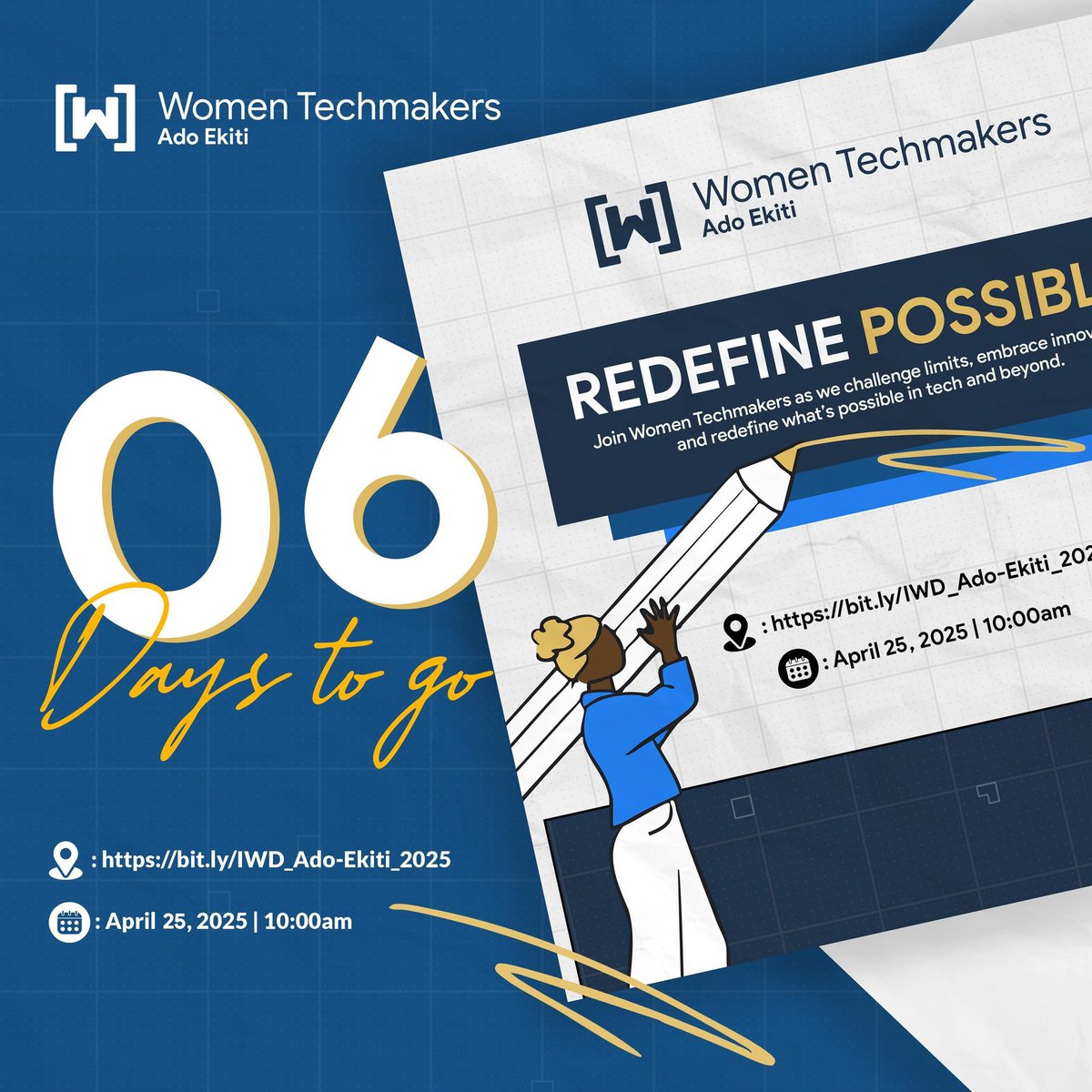wtmado's tweet photo. DAY 6: What if ONE day could change everything?
Only 6 days until we gather the game-changers, the dreamers, the doers.
Spoiler alert: YOU belong in the room.
#WomenTechmakers #6DaysToGo https://t.co/GpzhgI05AK