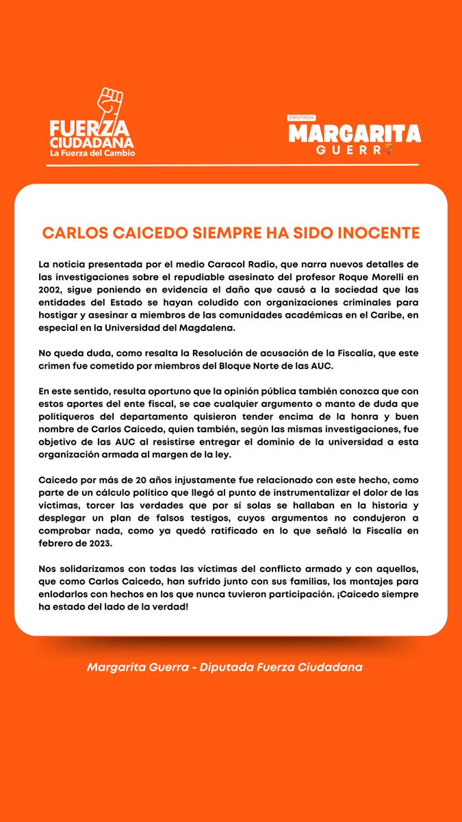 mmarguiguerra's tweet photo. ¡Carlos Caicedo siempre ha sido inocente!La Fiscalía reveló la manera como se dio el repudiable crimen del profesor Roque Morelli, 
en el cual,una vez más,se confirma que Caicedo nunca tuvo relación. La verdad sigue saliendo a la luz dejando en evidencia a los verdaderos asesinos https://t.co/QIaT7U7UNX