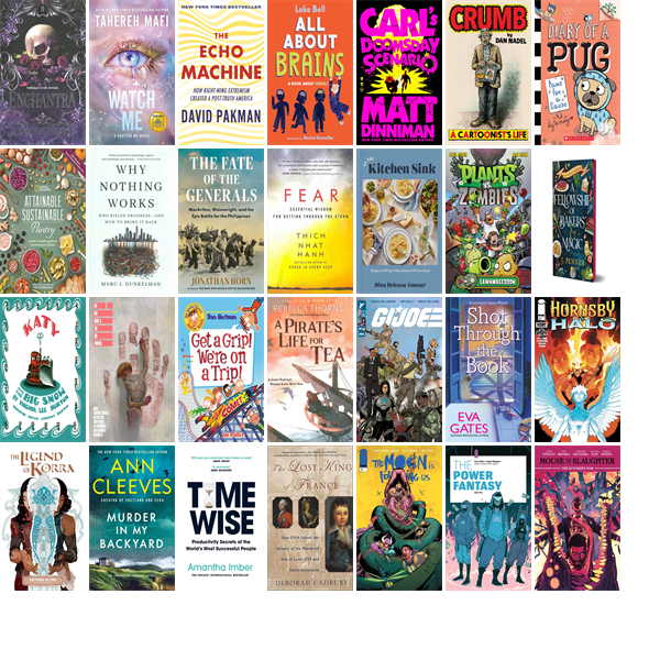 This week the Henderson Libraries have 542 new books and one new movie.  New items include Enchantra, Watch Me, The Echo Machine, All About Brains, Carl's Doomsday Scenario, Crumb, Paws for a Cause, Attainable Sustainable Pantry, and Why Nothing Works. wowbrary.org/nu.aspx?p=318-…