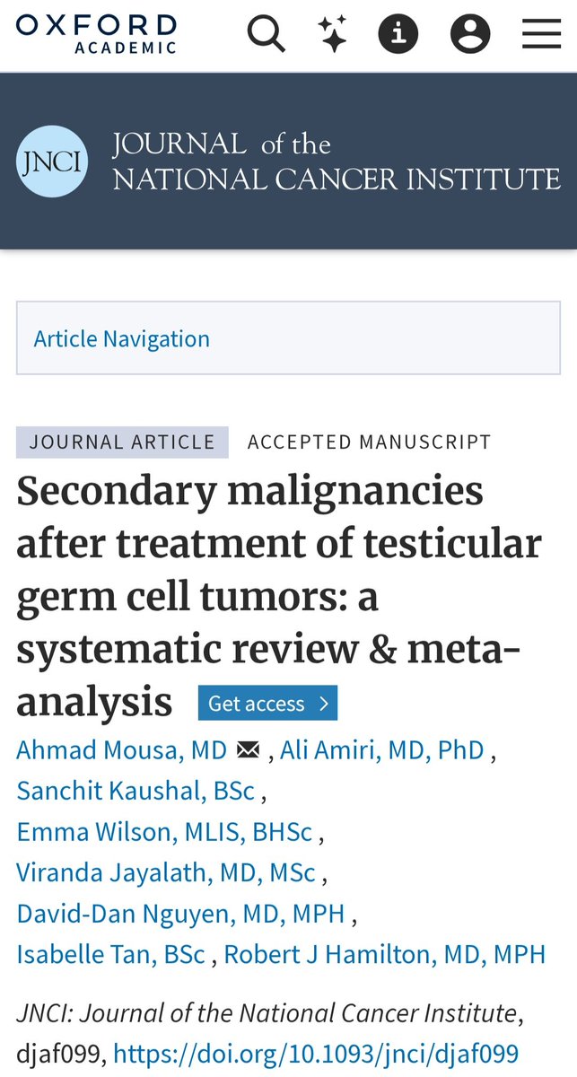 Secondary malignancy risk after testicular GCT treatment

21 trials, 88,863 pts, mFU: 12.5y

No ⬆️ risk with surgery alone

⬆️ risk with RT (1.66), chemo (1.65), or both (2.73)

💥Important to keep in mind when deciding treatment in stage 1

<a href="/JNCI_Now/">JNCI</a>

academic.oup.com/jnci/advance-a…