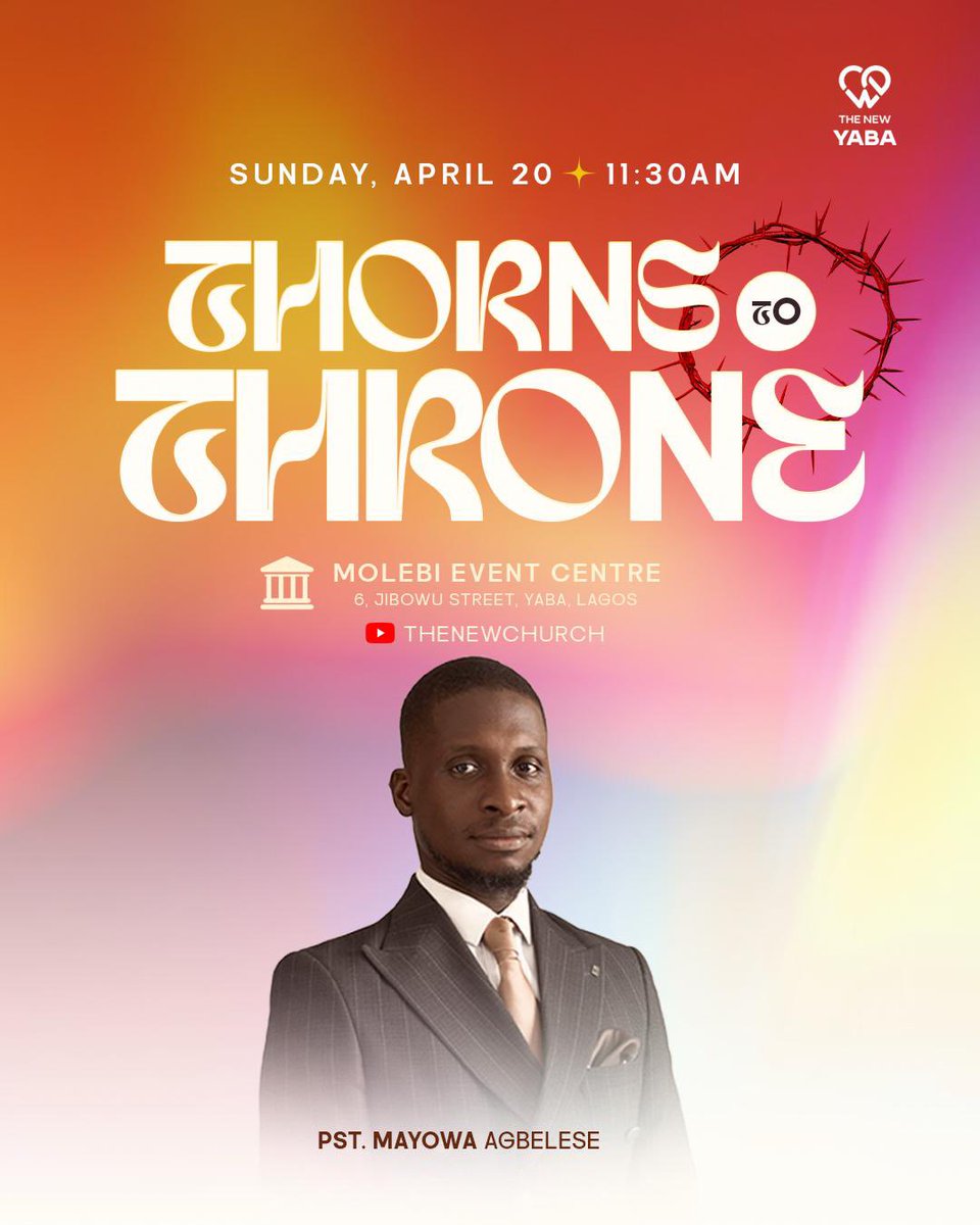 From Thorns to Throne — An Easter Experience Like No Other!

Join us this Sunday, April 20 at 11:30 AM as we journey through the power of resurrection and victory with Pst. Mayowa Agbelese.

Venue: Molebi Event Centre, 6 Jibowu Street, Yaba, Lagos.