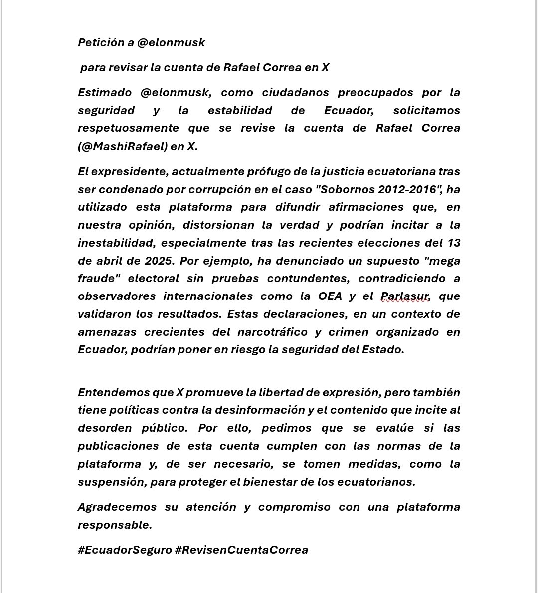 jmaldonadov's tweet photo. @elonmusk, pedimos revisar la cuenta de Rafael Correa
 Prófugo por corrupción, sus dichos en X sobre "fraude" sin pruebas pueden incitar inestabilidad en Ecuador, en medio de amenazas del narco. Por la seguridad del país, evalúen si viola normas de X. #EcuadorSeguro RT https://t.co/cxc0tyTwkM
