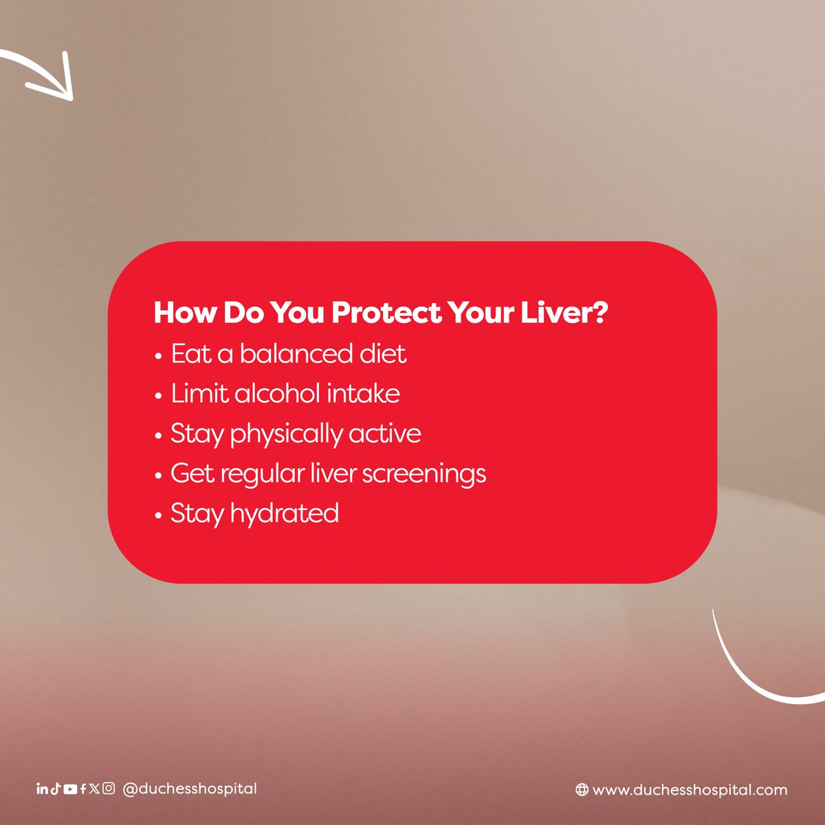 DuchessHospital's tweet photo. Your liver does more than you thinkÂ
From detoxing your blood to storing energy.
It deserves better than neglect.âšHereâs why liver health matters and how you can protect it.Â
âš#WorldLiverDayÂ
#LiverHealthÂ
#DuchessHospitalÂ
#Duchessaffordablehealthcare https://t.co/G0PhIDzHRN