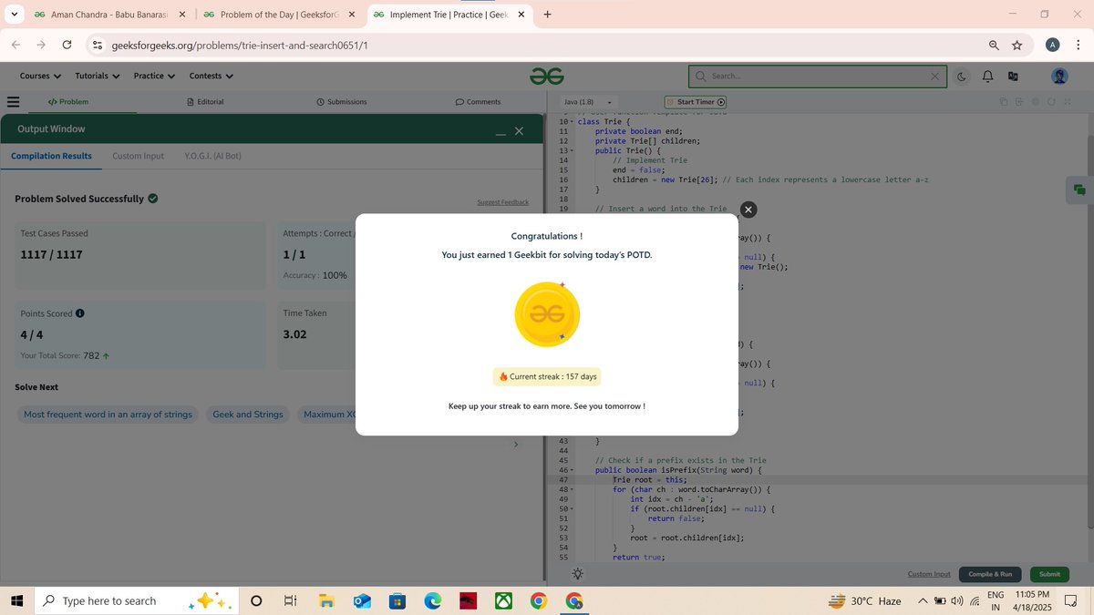 amanchandra___'s tweet photo. 🎯 @geeksforgeeks 160 Days of Problem Solving Challenge
✅ Day 151 of the #gfg160 challenge completed!

Problem of the Day : Implement Trie

#gfg160 #geekstreak2024 #problemsolving #codingchallenge #potd #gfg #geeksforgeeks #codingstreak #DSA https://t.co/4ffnqAmIq0