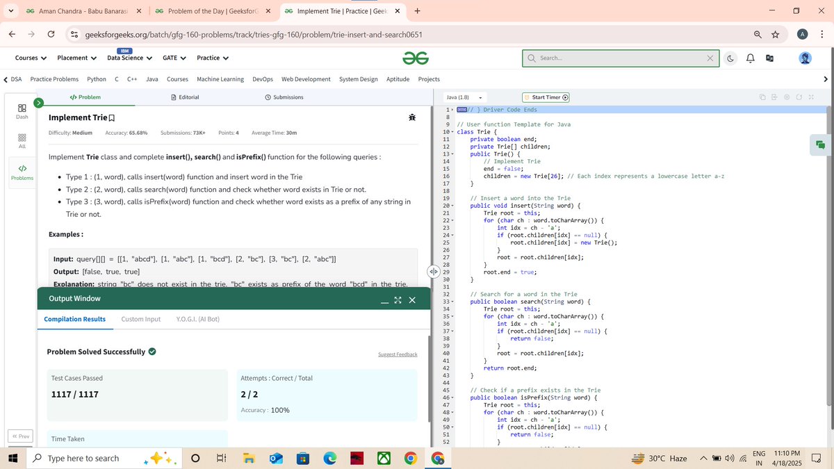 amanchandra___'s tweet photo. 🎯 @geeksforgeeks 160 Days of Problem Solving Challenge
✅ Day 151 of the #gfg160 challenge completed!

Problem of the Day : Implement Trie

#gfg160 #geekstreak2024 #problemsolving #codingchallenge #potd #gfg #geeksforgeeks #codingstreak #DSA https://t.co/4ffnqAmIq0