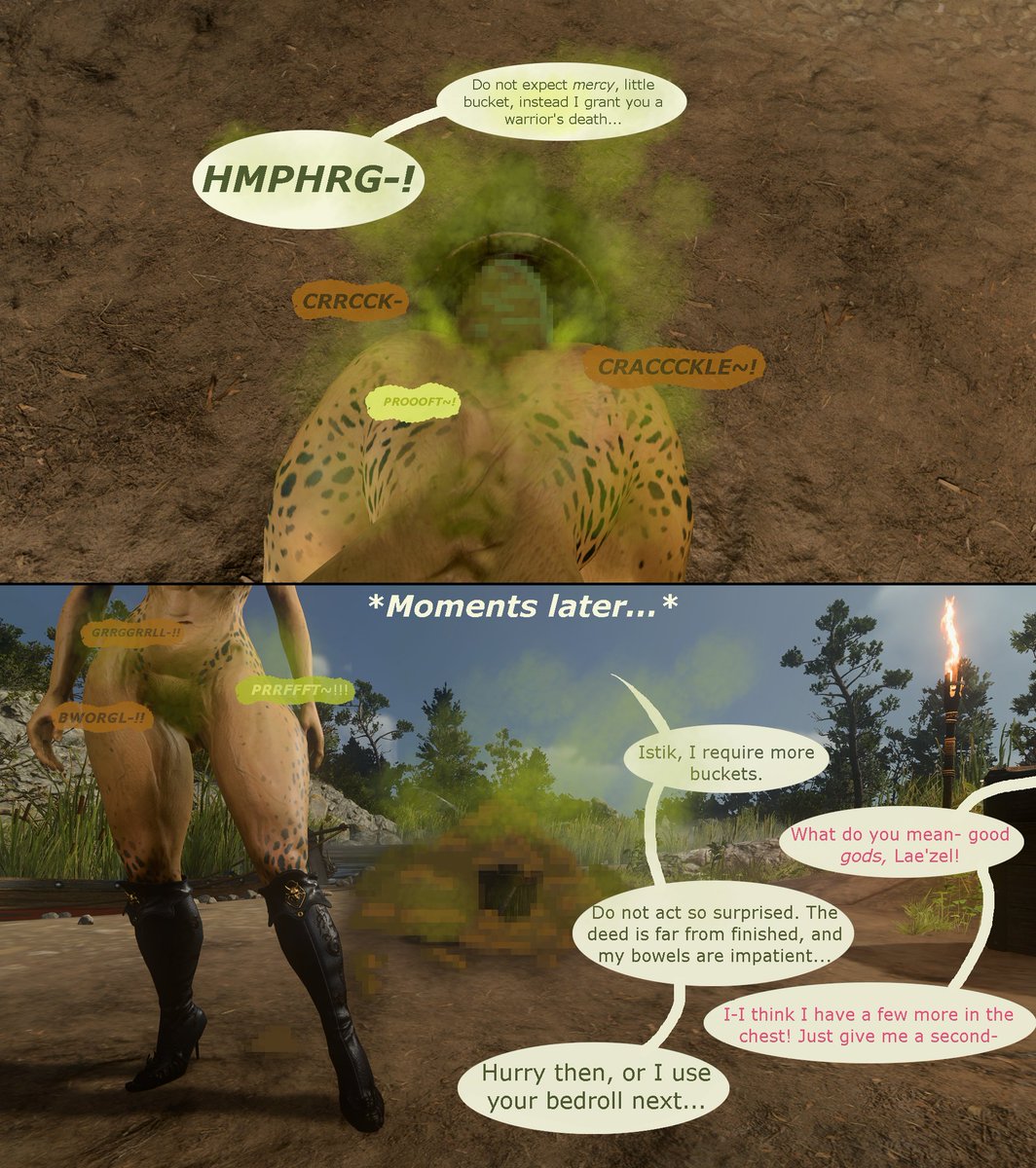 After a long day of travel and battle, Lae'zel wishes to unwind and lower her encumbrance . Unfortunately she finds the Tav's campsite to be inadequately prepared for the might of overstuffed Gith bowels...

#hyperscat #fart #bg3nsfw #laezel