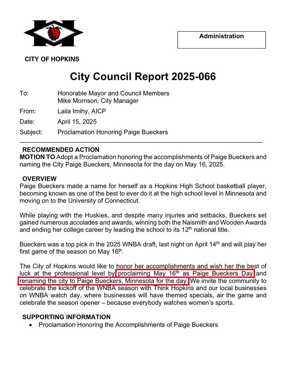 justwsports's tweet photo. Hopkins city council also unanimously voted to rename itself "Paige Bueckers, MN" in honor of the hometown star 👀 https://t.co/2ODU4E00XA