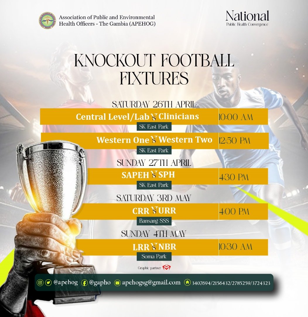 Get ready for the kickoff!

As part of #NPHC2025, the Knock-Out Football Tournament kicks off April 26th!
Which team will make it to the grand finale on May 23rd?
Check out the fixtures and get ready for action, teamwork, and glory!
#PublicHealthSports #GameOn #StrongerTogether