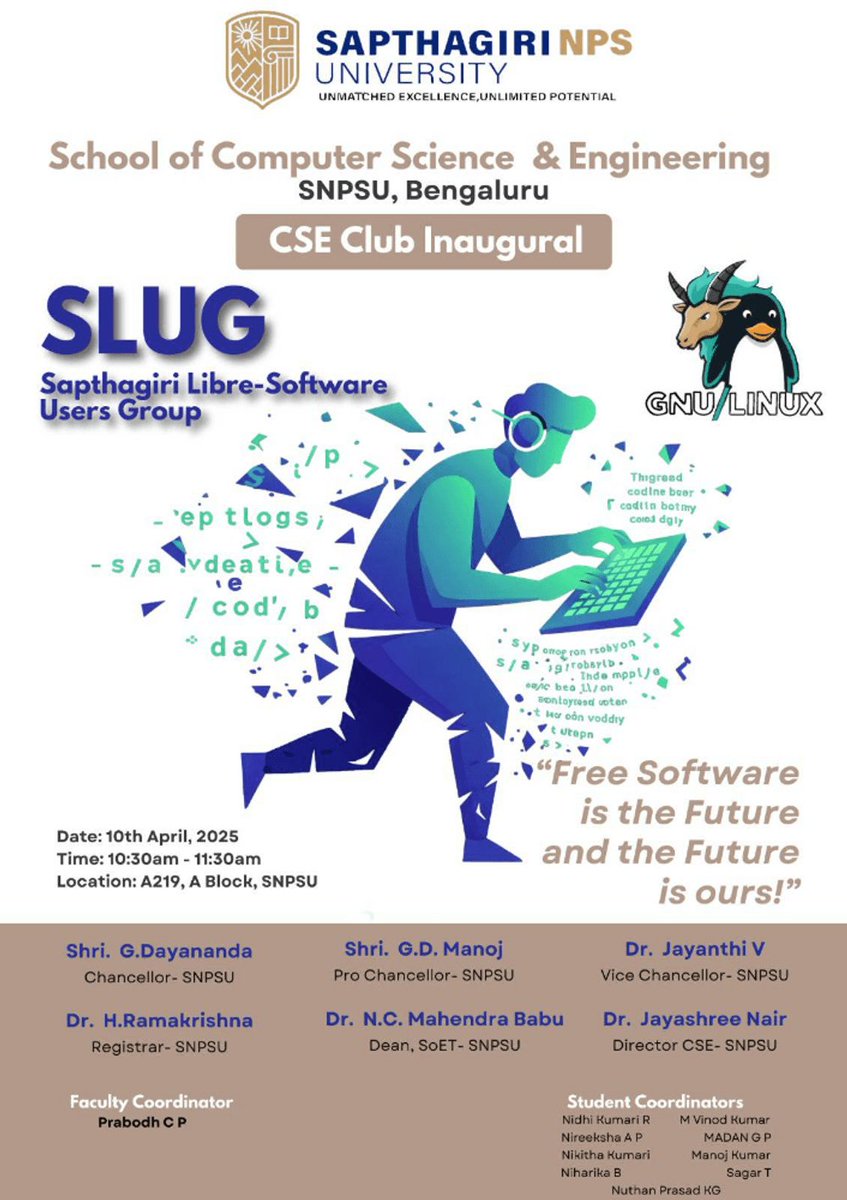 fsmk_org's tweet photo. SLUG - Sapthagiri Libre-Software Users Group was inaugurated recently at Sapthagiri NPS University @ #Bangalore. Prabodh representing both the CS Dept. as faculty &amp; FOSS Hacktivist of #FSMK encouraged the students to start the Group.

#Bengaluru #GLUGS https://t.co/sK4pBgEdwE