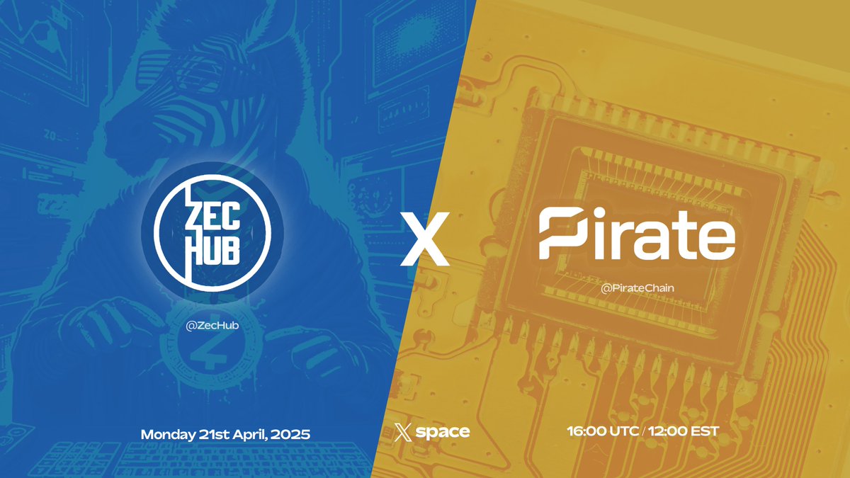 ZecHub (@zechub) on Twitter photo 📢 Upcoming Space !!
Zcash x Pirate Chain community discussion around private payments, decentralised exchanges & censorship resistance. 
📅April 21st 16:00 UTC / 12:00 EST
x.com/i/spaces/1kvJp… 📢 Upcoming Space !!
Zcash x Pirate Chain community discussion around private payments, decentralised exchanges & censorship resistance. 
📅April 21st 16:00 UTC / 12:00 EST
x.com/i/spaces/1kvJp…