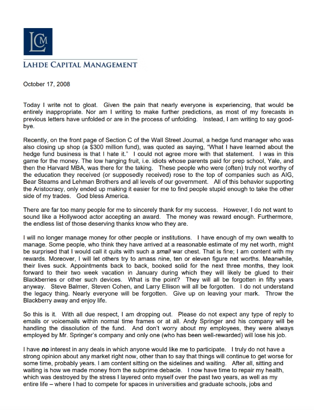 KoyfinCharts's tweet photo. One of the most legendary shareholder letters there ever was.

Lahde Capital, 2008.

If you read anything today, make it this. https://t.co/fMxnvx8Nx8