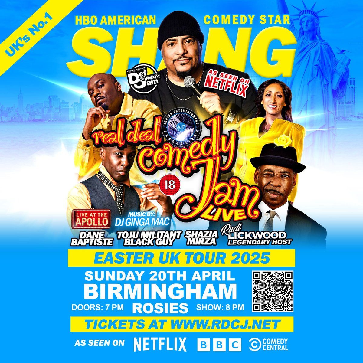 ⭐ BIRMINGHAM Real Deal Comedy Jam LIVE This Easter Sunday!!! 

Starring American HBO Def Comedy Jam sensation <a href="/ComedianSHANG/">SHANG-*Comedian!</a> <a href="/shaziamirza1/">Shazia Mirza</a> <a href="/DaneBaptweets/">Dane Baptiste/A$ap BAP/Joke Dza</a> Toju Hosted by <a href="/RudiLickwood/">Rudi Lickwood</a> 

Final seat bookings at rdcj.net 🎟