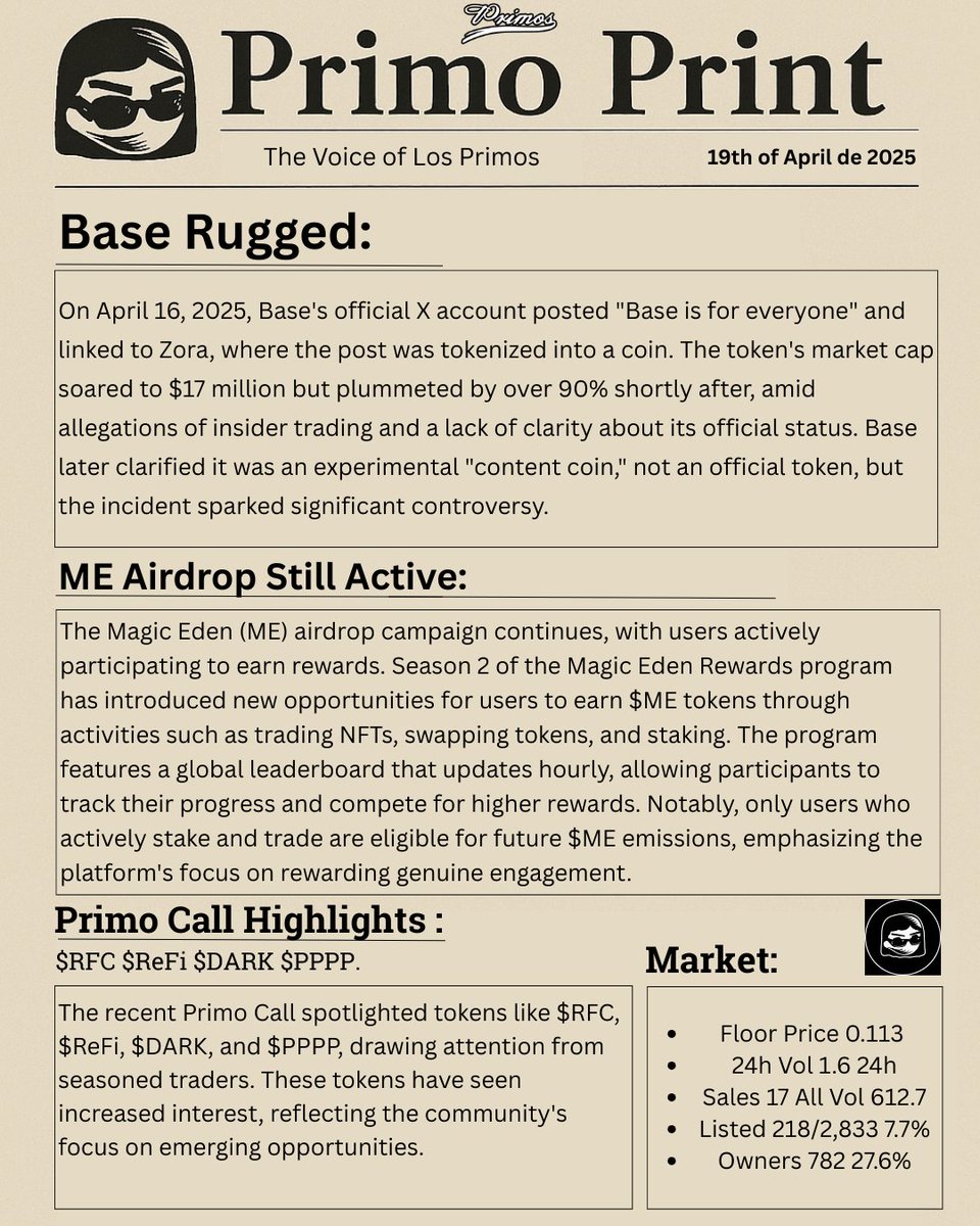What a wild ride on Crypto Twitter this week — here’s everything you need to know 👇

🧼 Base Rugged meltdown.
💧 $ME Airdrop – still live, farmers staying locked in.
📞 Primo Call hit hard: $RFC, $ReFi, $DARK, $PPPP — real ones only.
📉 Delist Wave – holders showed up. Just 7.6%