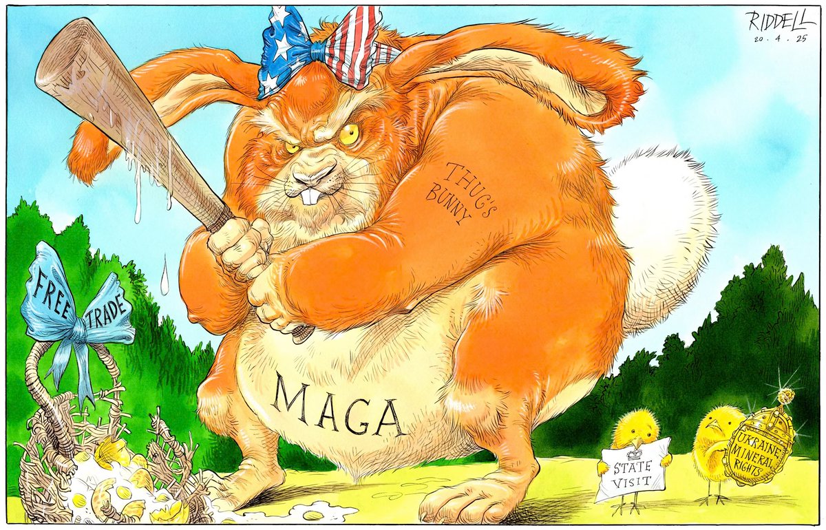Chris Riddell on Donald #Trump the #Easter bunny who came to break all the eggs #Tariff #TariffWar #TradeWar2025 #TrumpRecession #MAGA #TrumpTariffs – political cartoon gallery in London original-political-cartoon.com
