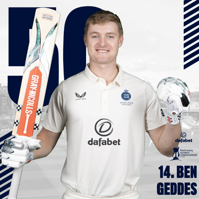 Middlesex_CCC's tweet photo. 5⃣0⃣ | FIFTY FOR GEDDO
Ben Geddes brings up his half-century in the final over of the day off 99 balls!
 
Keep going tomorrow, Geddo 💪

MID 353/4 - lead by 154

WATCH LIVE ⬇️ | #OneMiddlesex