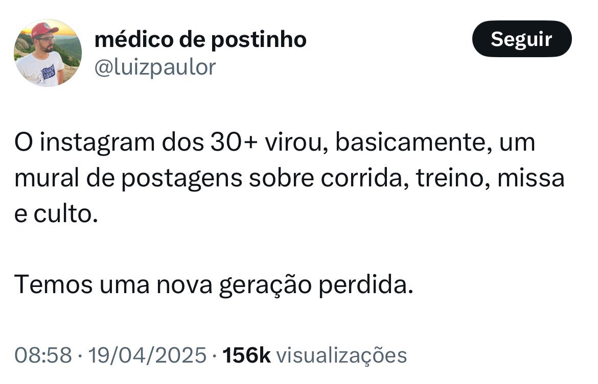 Se exercitar, importar com a saúde e cuidar do espírito pra gente sem propósito é ser uma “geração perdida”, que loucura