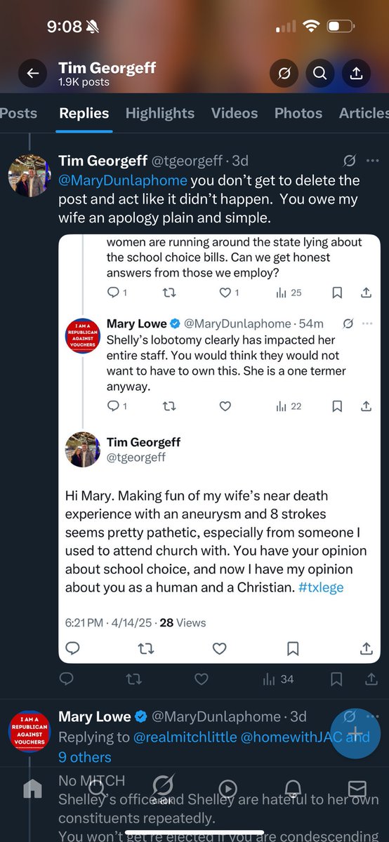 tgeorgeff's tweet photo. @MaryDunlaphome @hanes_tracy1776 @ShelleyLuther Mary, you continually lie about my wife as well as pretend you didn’t make fun of her near death experience. You owe her an apology. https://t.co/MxgXadvDb7