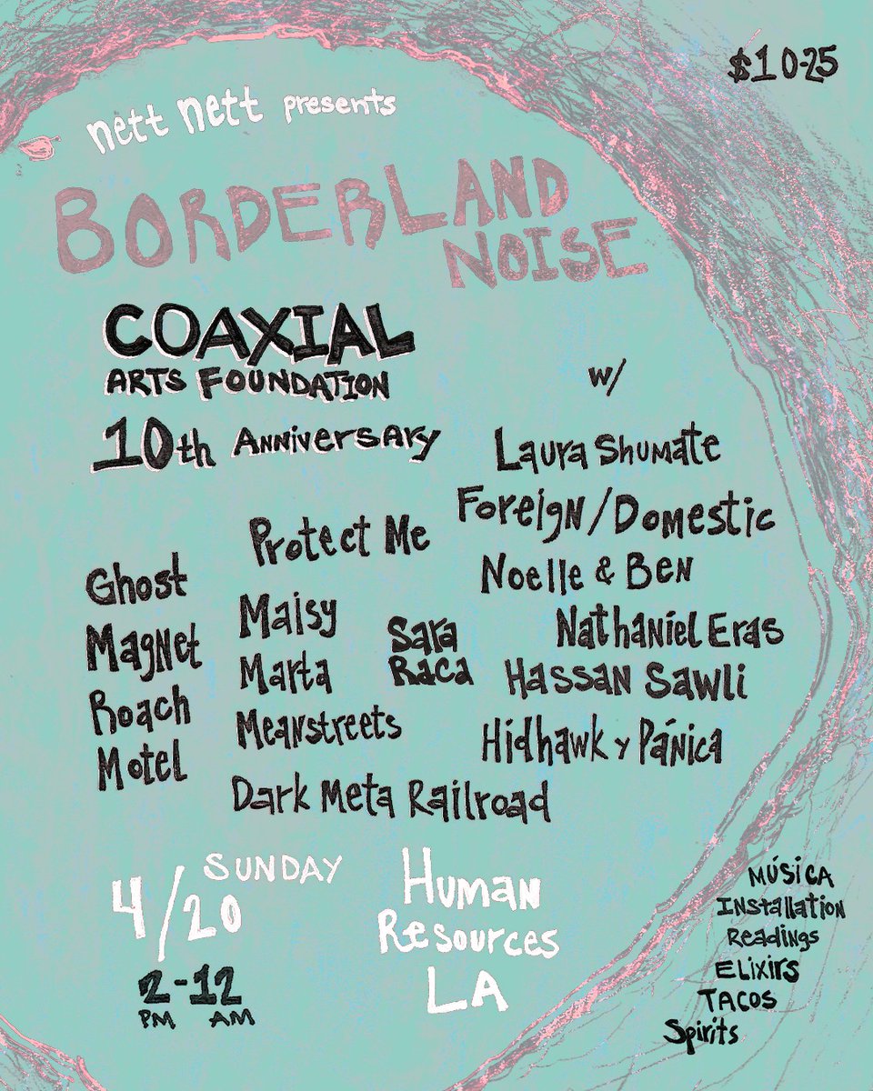 Luis Clériga (Oton͞o Records) (@luiscleriga) on Twitter photo Hice una selección de un poemario de <a href="/sararacamx/">soñadora errante</a> para sonar mañana en el Décimo Aniversario de #CoaxialArts (Los Ángeles) con la pandilla de <a href="/nettnettradio/">nettnettradio</a> y su sesión #BorderlandNoise con un gran lineup:
Info por acá* Hice una selección de un poemario de <a href="/sararacamx/">soñadora errante</a> para sonar mañana en el Décimo Aniversario de #CoaxialArts (Los Ángeles) con la pandilla de <a href="/nettnettradio/">nettnettradio</a> y su sesión #BorderlandNoise con un gran lineup:
Info por acá*