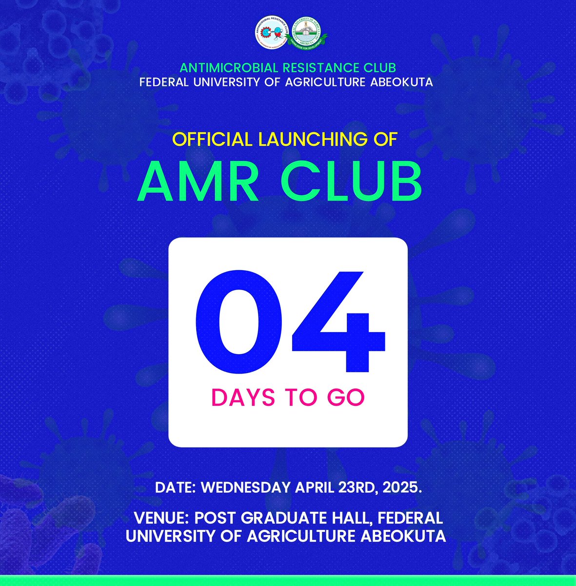 Amrclubfunaab's tweet photo. 🎉🎉The AMR Club FUNAAB is almost here—join us on April 23rd at Post Graduate Hall! #AMR #FUNAAB #AMRClubFUNAAB
@akasom80 @q_mesioye @AVMS_FUNAAB @amr_program @AMResistance @gardp_amr https://t.co/CmDs3QbsdS