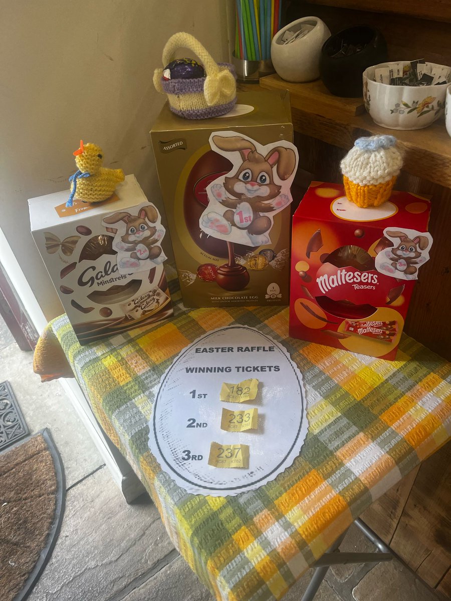 PathHead_Mill's tweet photo. Congratulations to our Easter Raffle winners! The numbers are below. And aren't the egg-zibits awesome? Well done to everyone who took part. Don't forget, we are open tomorrow to help you walk off your Easter Eggs, or wash them down with a cuppa. 10.30 to 3.30. Happy Easter! https://t.co/0tQTdQSW1D