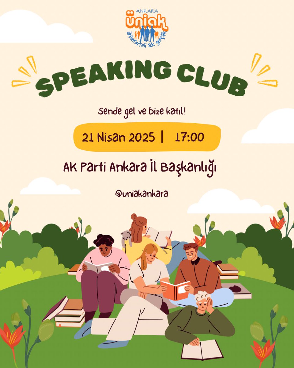 ÜniAK Ankara Uluslararası Öğrenciler Birimi ilk etkinliğiyle karşınızda!🙌

Speaking Club etkinliğimize sizi de bekliyoruz!

📆 21 Nisan 2025 Pazartesi
🕔 17.00
📍AK Parti Ankara İl Başkanlığı

Katılmak için formu doldurmayı unutma!⤵️
docs.google.com/forms/d/e/1FAI…