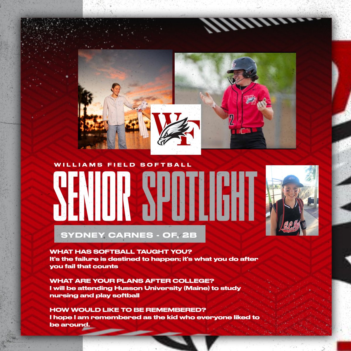 With 1 week left in the regular season, it is time to honor our seniors.
Sydney Carnes is our elite athlete. 
The type who can take a year off only to become one of our top hitters &amp; track down anything hit to RF.
We love our Syd.
<a href="/KevinMcCabe987/">Kevin McCabe</a> <a href="/AZinthecircle/">Javier Zuluaga</a> <a href="/HussonSoftball/">Husson Softball</a>