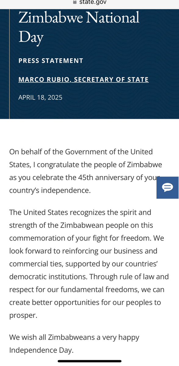 USA message on Zimbabwe independence‼️

On behalf of the Government of the United States, I congratulate the people of Zimbabwe as you celebrate the 45th anniversary of your country’s independence.

The United States recognizes the spirit and strength of the Zimbabwean people on