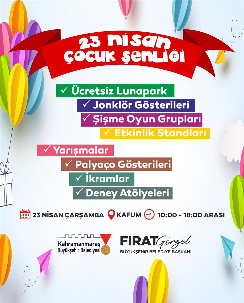 23 Nisan Çocuk Şenliği 🎈

🗓️ 23 Nisan Çarşamba | 10.00 - 18.00
📍 KAFUM

Tüm çocukları bekliyoruz. 🤗
