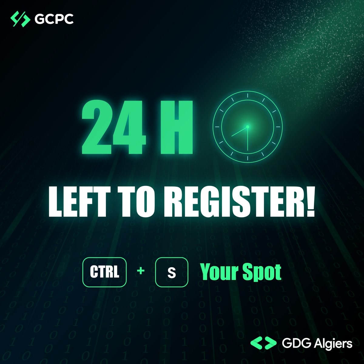 ⏳24 hours to go! Time is running out—secure your spot at GCPC 2.0 before it’s too late! 🚀💻

#GDG #GDGAlgiers #GCPC #Tech