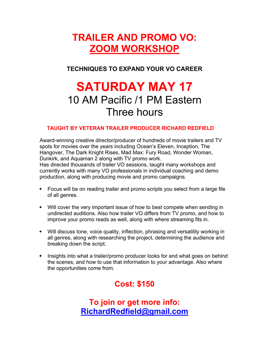 If you're going to learn a VO genre as specialized as Trailer &amp; Promo... learn from one who remains relevant in our industry. Check out trailer producer extraordinaire, Richard Redfield.. &amp; his upcoming May Zoom-based Seminar. Look it over!  Reach out to Richard for more!
#voice