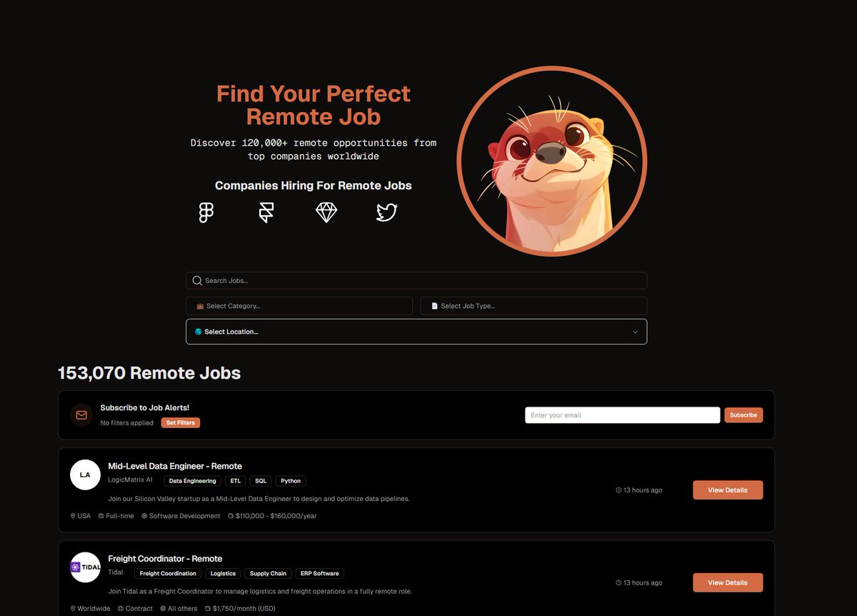 We now have over 150,000 *open* remote jobs listed on remoteotter.com. Enjoy!

/w <a href="/AbduuHany/">Abdelrahman Hany</a> <a href="/YoussefCharifH2/">Youssef Charif Hamidi</a>
