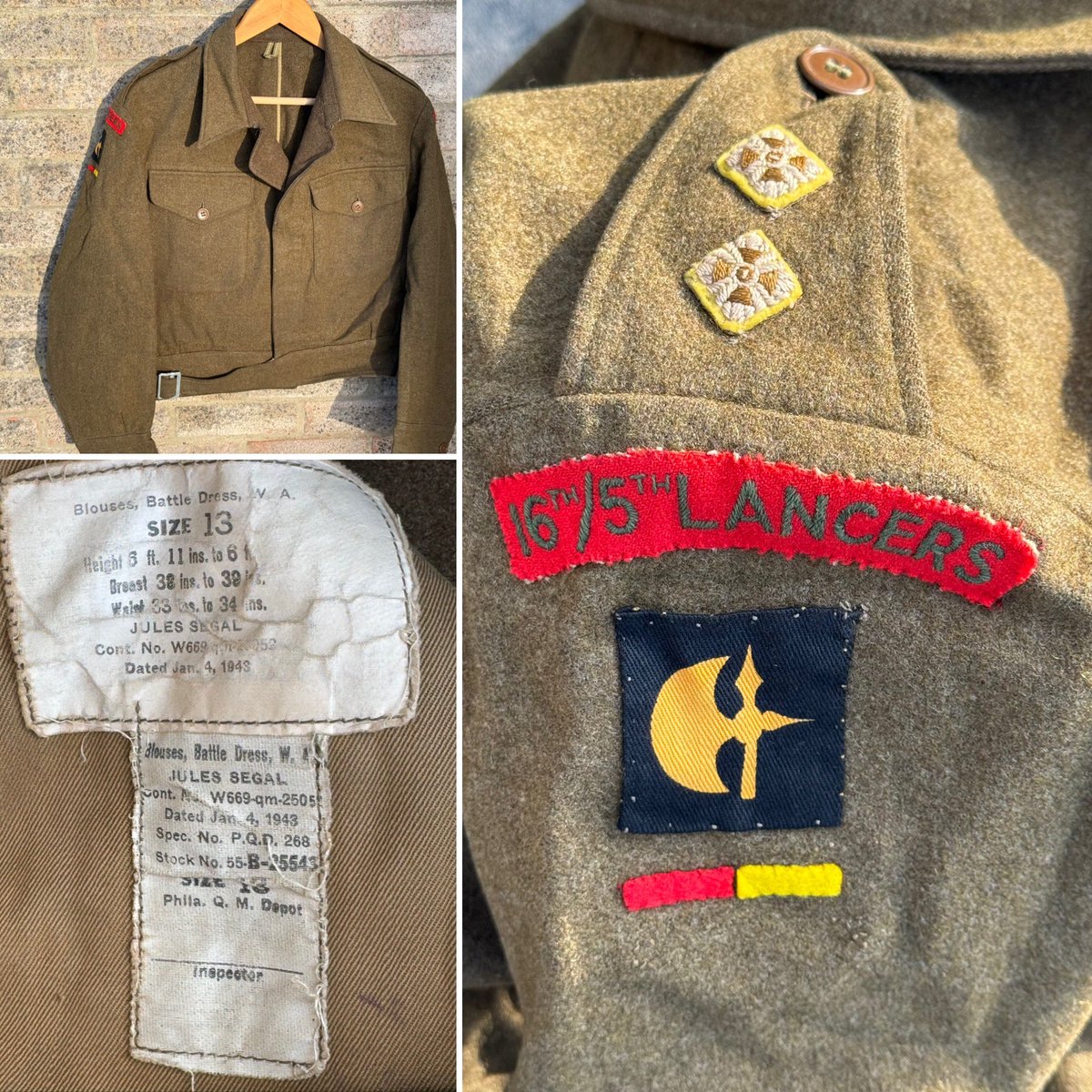 militariafair's tweet image. WWII 1943 War Aid #Battledress , 16th / 5th #Lancers Lieutenant . Maker : Jules Segal . Fantastic condition , available at #Thetford #Militaria Fair - Sun 27th April . 
#wwiiuniform 
@infomilitaria @DBGMilitaria