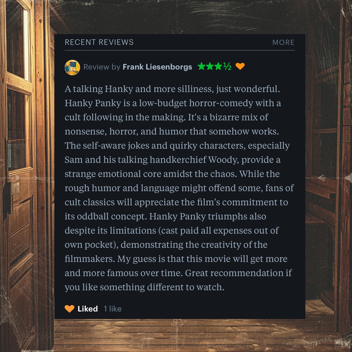 "the single f***ing weirdest movie i have ever seen"

"a f***ing masterpiece"

"just wonderful"

"dr. crane [nick roth] is not a doctor at all, but an unemployed wine aficionado who walks around in a robe and slippers"