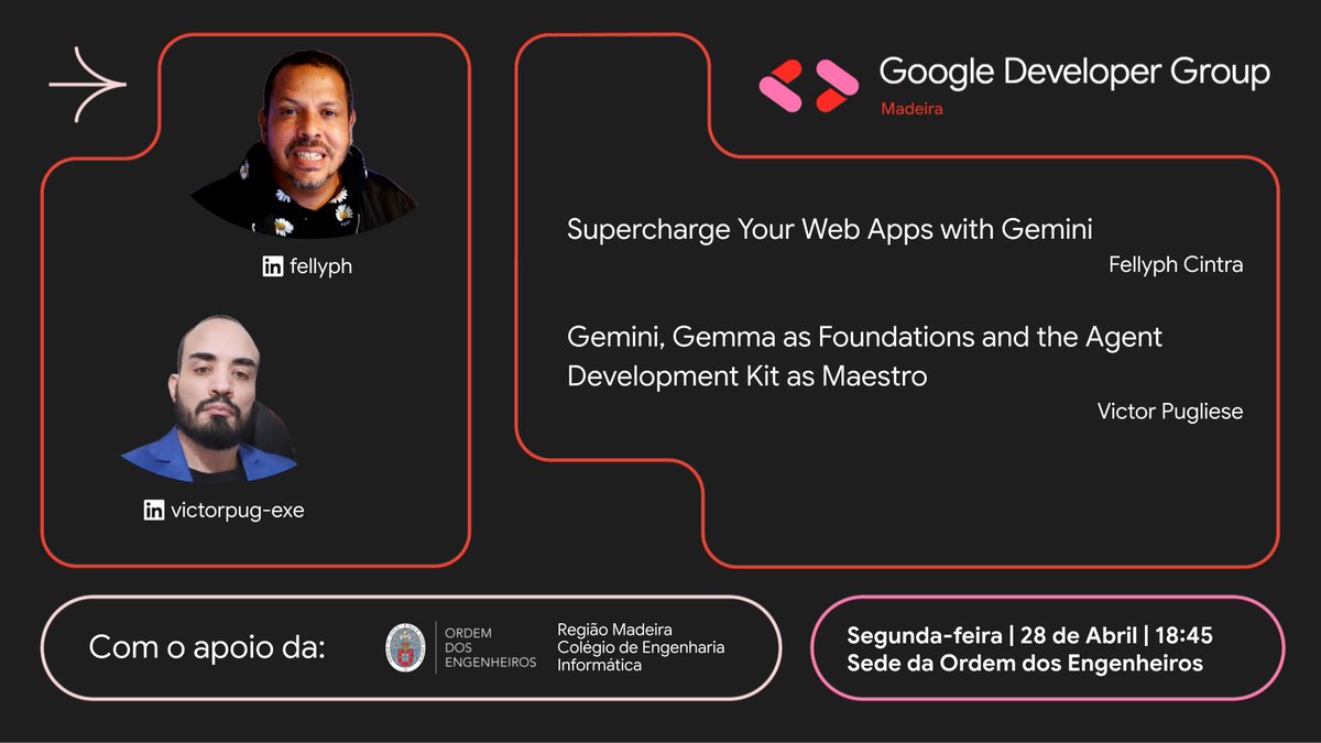 💡 Supercharge Your Web Apps with Gemini | Gemini, Gemma as Foundations and the Agent Development Kit as Maestro

🏢 Location: Ordem dos Engenheiros headquarters

📅  Date: April 28 (Monday), at 18:45

Free entry: 👉 gdg.community.dev/e/m5jvk4/