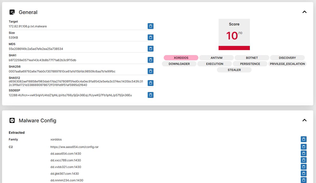 UNP4CK's tweet photo. 🔎#Malware: DDOS:Linux/#xorddos

🦠Spreader: 23[.]160[.]56[.]113 (🇺🇸 AS26042 FiberState)
📥Downloader: http://172[.]82[.]91[.]106/p.txt (🇬🇧 AS212396 FyfeWeb)
🕸 C2: dd.vvbb321[.]com / 107.149.213.20:1430 (🇺🇸 AS54600 PEG TECH INC)
🗓 First seen: 2024-08-11

Big thanks to @redrabytes for this HoneyPot !❤️