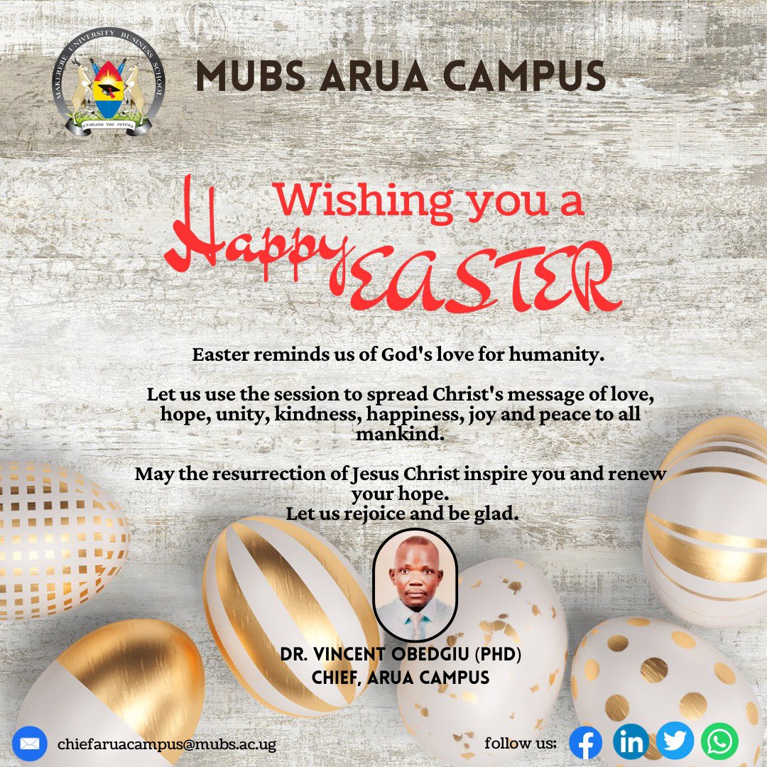 MUBSAruaCampus's tweet photo. May the resurrection of Jesus Christ inspire love, hope, unity, and joy in all of us.
Let’s spread kindness and peace this season.
#HappyEaster #MUBSArua #EasterBlessings #SpreadLove #HopeAndUnity https://t.co/ExCaoAnaQk