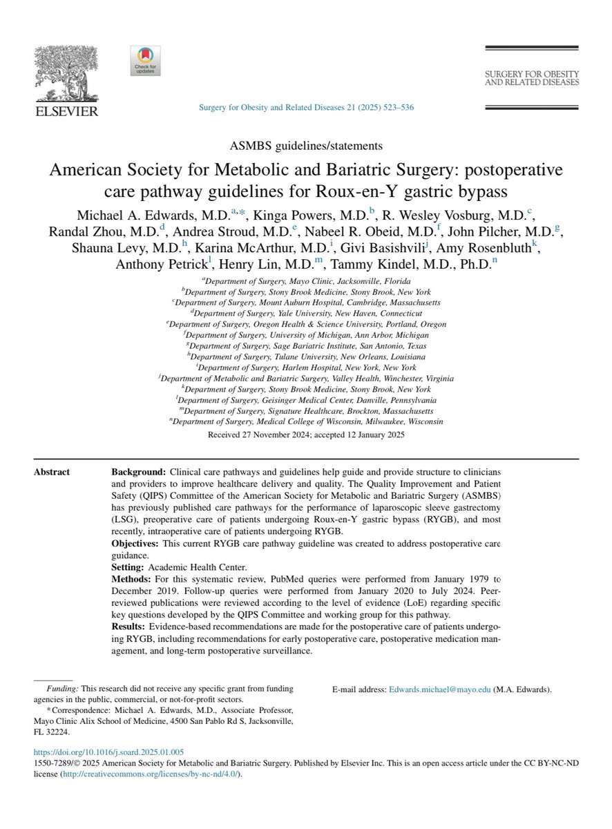 American Society for Metabolic and Bariatric Surgery <a href="/ASMBS/">ASMBS</a> postoperative care pathway guidelines for Roux-en-Y gastric bypass - Surgery for Obesity and Related Diseases #SOARD #obesity #bariatricsurgery #RNY soard.org/article/S1550-…