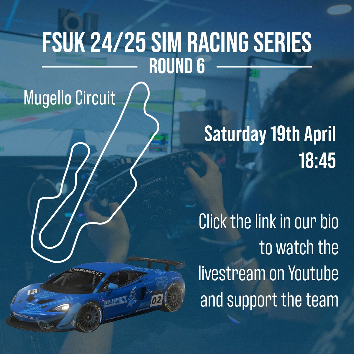 SUFST's tweet image. The next round of the @FormulaStudent Sim Racing competition is this evening at 18:45!

Make sure to tune in and support the team as they race around Mugello!

#formulastudent #fsuk #simracing #motorsport #engineering