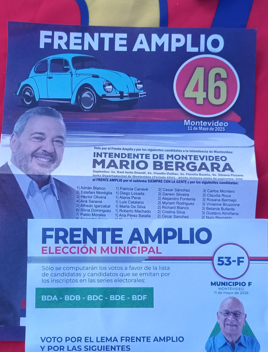 JSartoriF53's tweet photo. Estas son nuestras listas para el 11 de mayo: la 46 con @Mario_Bergara Intendente y la #53F de Sartori para alcalde del municipio F. 
Por un mejor Montevideo 

🟥🟦⬜️ @fa_popular 
🟥🟦⬜️ @624Rumbo 
🟥🟦⬜️ @MarioIntendent 
🟥🟦⬜️ @MarianoTucci46 https://t.co/J7YL0eAfXs