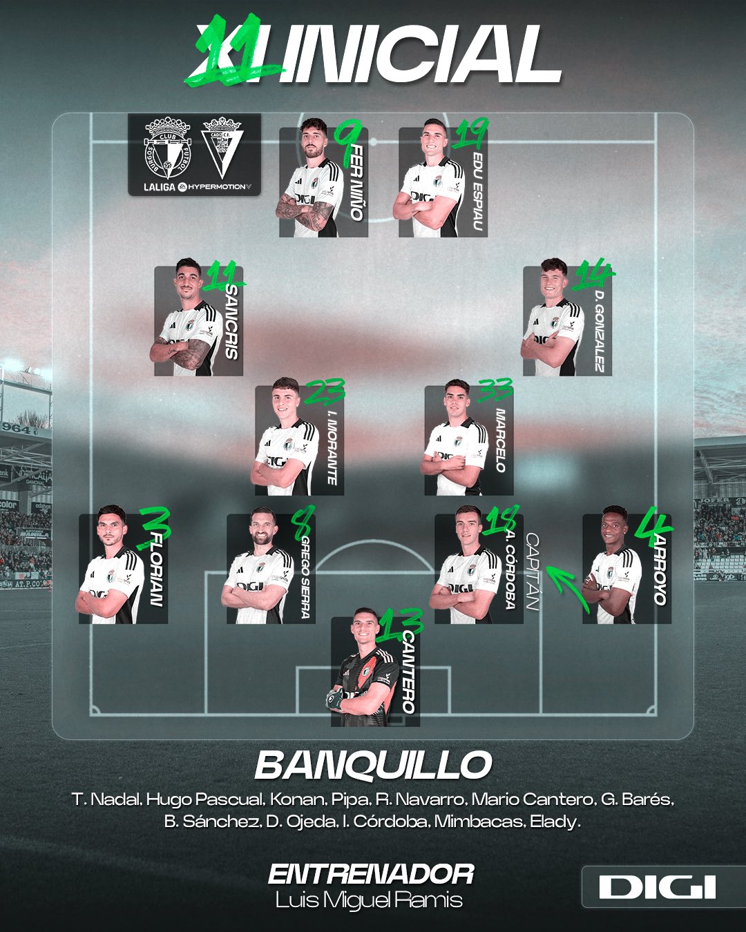 Alineación del Burgos ante el Cádiz.
