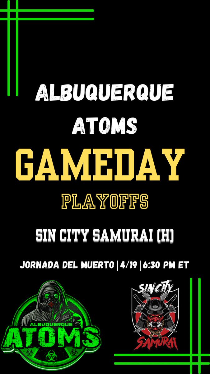 AlbuquerqueAtom's tweet photo. Playoffs are here! See you soon as we welcome in Sin City Samurai! β’οΈ
#AtomsUp #RadiationNation #SFLm
ποΈ April 19th
β° 5:30PM CT / 6:30PM ET
π»πΊπ± on @simulationfl YouTube https://t.co/hWHXlcGCL0