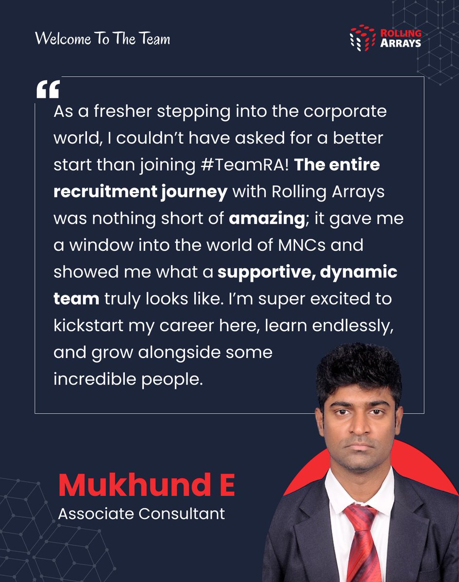 RollingArrays's tweet image. Thrilled to welcome our newest talent Mukhund E to #TeamRA!    

Get ready to bring your fresh perspective and energy to Rolling Arrays.   

We&apos;re excited to support your growth and journey as you kickstart your career with us. Welcome aboard!     

#NewHire #RollingArrays